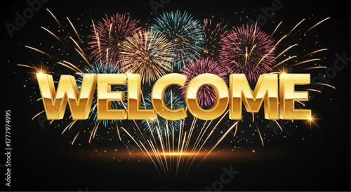 The grand fireworks display illuminating the word WELCOME against a dramatic dark backdrop, symbolizes celebration and invitation. The golden letters spark the festive spirit. vector illustration