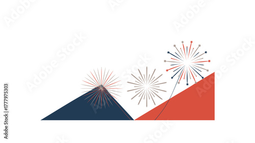 Abstract celebration background with red white and blue fireworks exploding over geometric shapes
