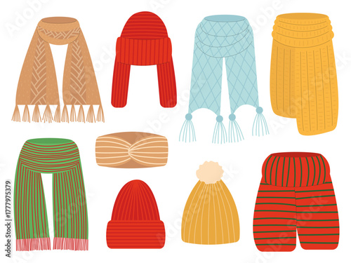 Knitted hats and scarves set. Flat vector winter hats and scarves set
