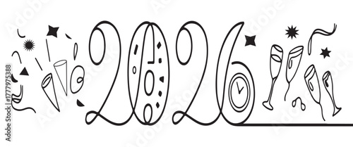 Festive 2026 New Year Party With Confetti, Champagne Glasses, Stars, and Celebratory Design.