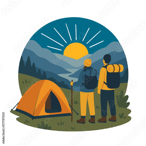 Hikers Watching Sunrise from Campsite color vector