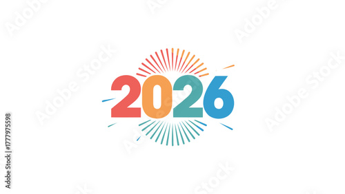Vibrant and colorful numbers of the year 2026 with radiating light bursts celebrating the upcoming new year