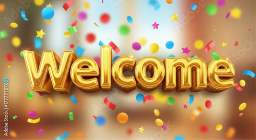 A Vibrant Welcome: Golden letters spell Welcome, showered by a vibrant cascade of confetti, perfect for welcoming new beginnings. vector illustration