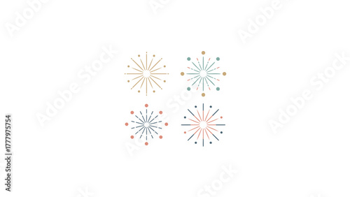 Four abstract colorful geometric starburst or snowflake designs with delicate lines and small dots on a white background