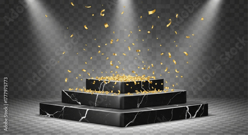 A prestigious award ceremony stage, illuminated by radiant spotlights, with golden confetti showers and opulent marble textures. A symbol of success, achievement, and recognition. vector illustration
