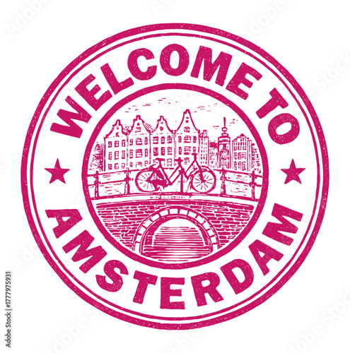 Welcome to Amsterdam showcases bicycles, bridges, and canals in a vibrant red rubber stamp design