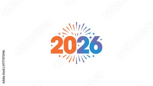 Vibrant gradient number 2026 illuminated by bursting fireworks and confetti celebrating the new year
