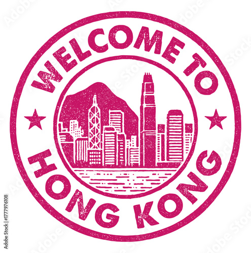 Welcome to Hong Kong stamp design featuring Victoria Peak and iconic skyscrapers in vibrant red color