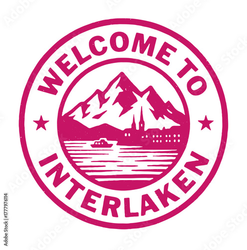Welcome to Interlaken rubber stamp featuring the beautiful Alpine peaks and serene lake views