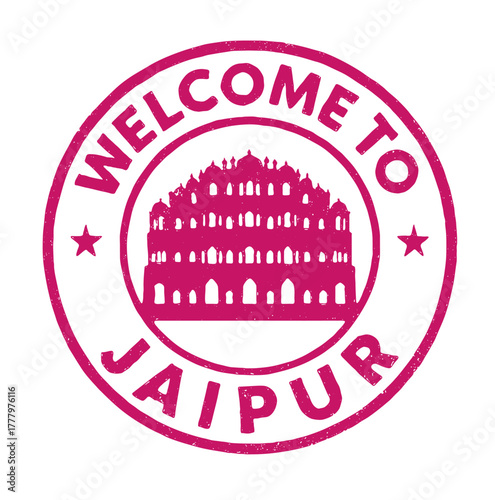 Welcome to Jaipur with the Palace of the Winds rubber stamp design in vibrant red color