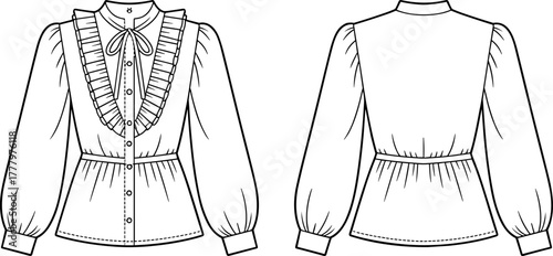 Elegant women's blouse, fashion illustration, puff sleeve top, ruffle bib detail, bow tie neckline, garment design, technical sketch, stylish wear