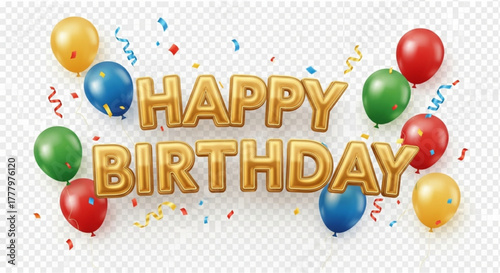 A vibrant Happy Birthday celebration. Colorful balloons and confetti against a transparent backdrop create a festive atmosphere, perfect for birthday wishes. vector illustration
