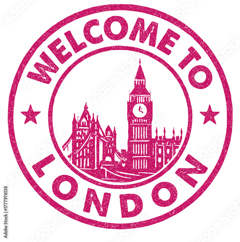 Welcome to London rubber stamp featuring Big Ben and Tower Bridge in a vibrant red design