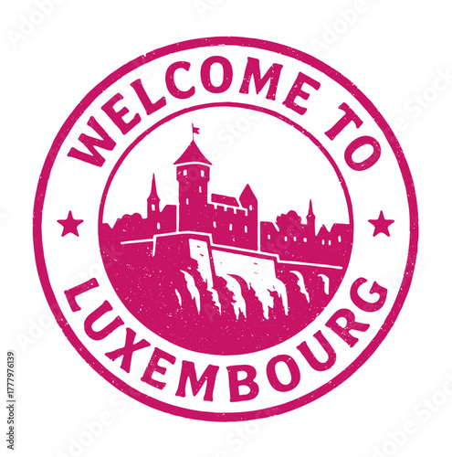 Rubber stamp design welcoming visitors to Luxembourg Old Town and Fortress in vibrant red vector style