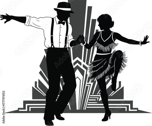 Silhouette of a 1920s couple dancing the Charleston in front of an art deco design 1930s