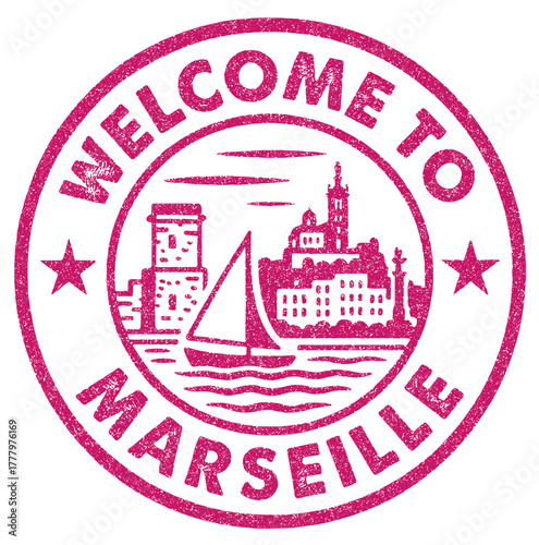 Rubber stamp design welcomes visitors to Marseille Old Port, showcasing iconic sights and maritime charm of this vibrant city