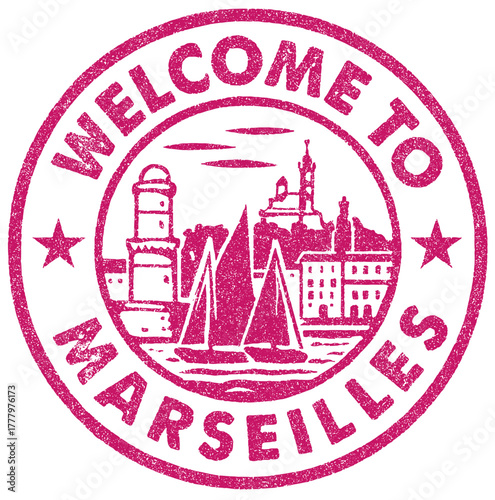 Rubber stamp design welcoming guests to the beautiful Old Port area of Marseille, showcasing sailing boats and the city skyline
