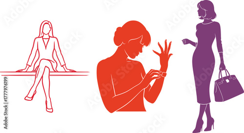 Female Silhouettes In Red Purple And Orange Poses With Handbag woman fashion