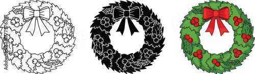 A set of three Christmas wreath illustrations, featuring an outline version, a solid black silhouette, and a colored design with green leaves, red berries, and a red bow. Perfect for holiday decoratio