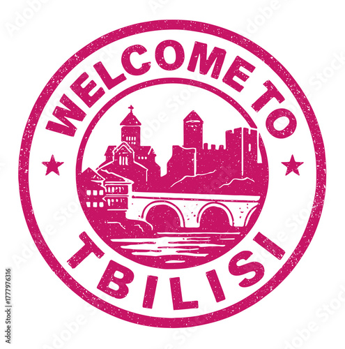 Rubber stamp of welcome to Tbilisi Narikala Fortress showing landmark features in red vector design