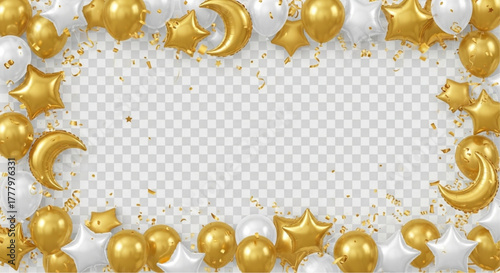 Golden balloon border arrangement for a festive celebration, party and special event. vector illustration