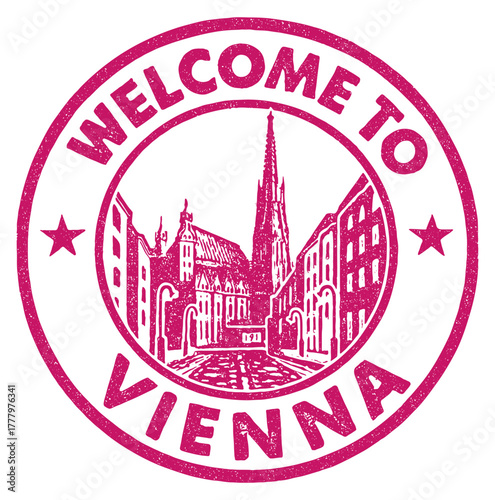 Welcome to Vienna stamp featuring St Stephen's Cathedral and surrounding architecture in a bold red vector design