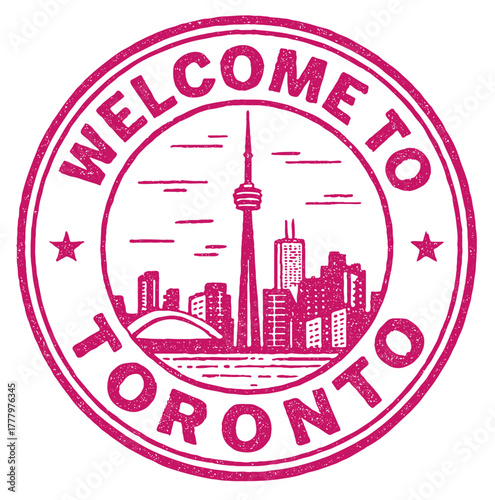 Red rubber stamp featuring the CN Tower and skyline with the text Welcome to Toronto for travel enthusiasts