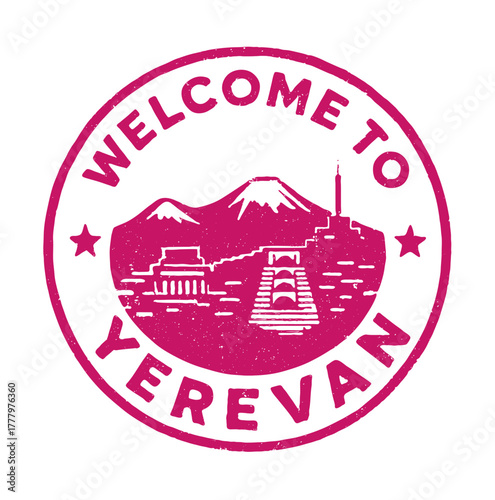 Explore Yerevan's Armenian Cascade with a vintage rubber stamp welcoming travelers