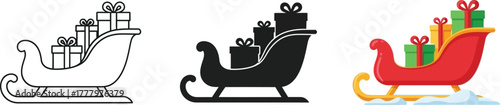 A set of three distinct icons depicting a Christmas sleigh filled with gift boxes. The styles include a black outline, a solid black silhouette, and a colorful version with a red sleigh, green and yel