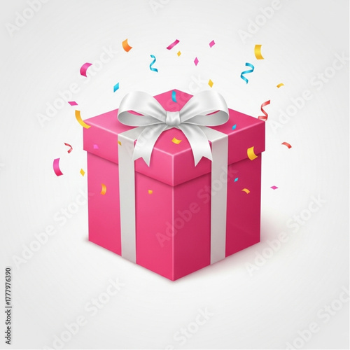 A festive scene of a vibrant pink gift box adorned with a pristine white bow, surrounded by a cascade of colorful confetti, evokes a sense of surprise, excitement, and celebration. vector illustration