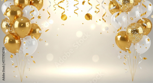 Elegant golden and white balloons float upwards with shimmering ribbons and confetti against a soft, blurred background, creating a festive atmosphere.  vector illustration