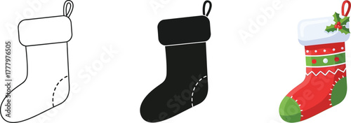 A collection of three Christmas stocking icons, featuring an outline, a solid black silhouette, and a colorful, festive design adorned with holly berries and leaves, ready for holiday gifting.