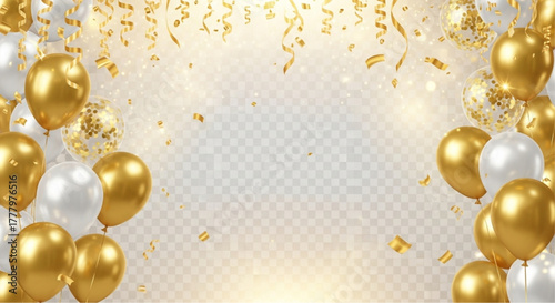 Golden balloons and confetti, a photorealistic depiction of a celebratory atmosphere, create an engaging and visually captivating image. vector illustration