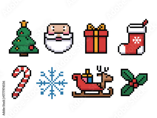A collection of pixelated Christmas icons includes Santa Claus, a tree, a gift, and a stocking.