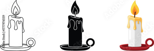 Fotografija A vector illustration set featuring a lit candle with dripping wax on a holder,