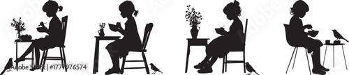 Black silhouette illustration of woman drinking coffee with birds and flowers, minimalist vector design showing calm lifestyle, morning tea time, and peaceful moments in modern home interior setting