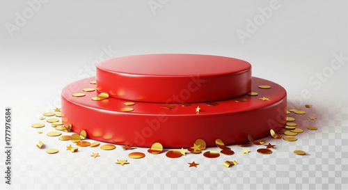 A photorealistic red podium is surrounded by golden confetti, a symbol of recognition and accomplishment, set against a transparent background. vector illustration