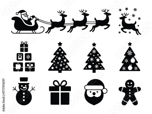 A collection of festive Christmas icons depicts Santa Claus, reindeer, and presents.