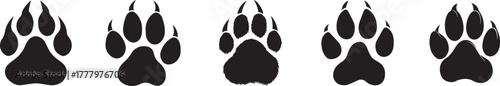 Black animal paw print silhouettes in a row, vector illustration of wild bear and wolf footprints for wildlife design, logo, or pet-related projects, perfect for outdoor, nature, and adventure themes