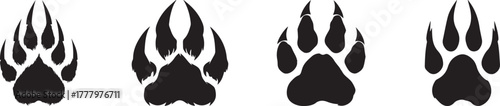 Black animal paw print silhouettes collection showing wild bear and wolf footprints, minimalist vector illustration for wildlife design, nature logo, tracking, and outdoor adventure themes