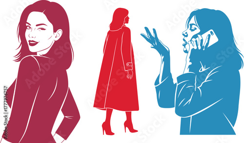 Stylish Women Silhouettes: Winking, Wearing Coat, and Talking on Phone Keywords: woman, female, silhouette, girl, person, people