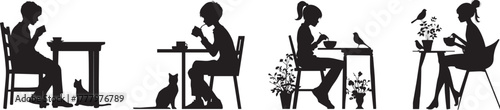 Minimalist black silhouette illustration of woman drinking coffee at a table with cat and birds, peaceful morning cafe scene, relaxing lifestyle concept, simple white background design