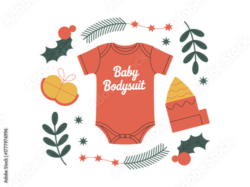 A red baby bodysuit is decorated with festive Christmas elements like holly and pine branches.