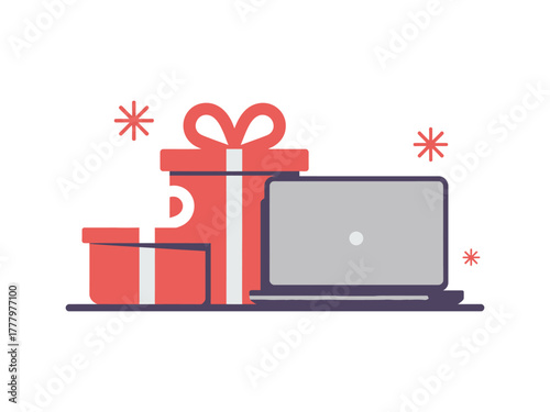 A laptop computer sits next to two red gift boxes with white ribbon accents, suggesting online shopping or digital gifts.