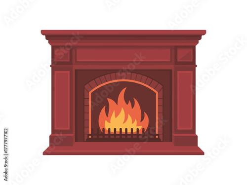 A richly detailed illustration of a classic, dark red wooden fireplace with a warm, glowing fire inside.