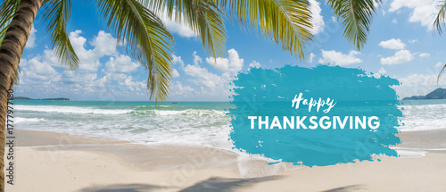 lovely happy thanksgiving palm tree & beach greeting card with text and logo space