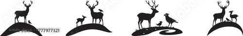 Silhouette of deer family with fawn and birds standing on hill, black and white wildlife vector illustration representing nature, forest animals, peace, and harmony in natural landscape design