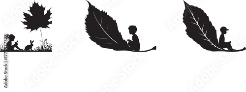 Silhouette of children sitting with leaves and nature elements, black and white vector illustration symbolizing imagination, childhood dreams, peace, and connection with the natural environment