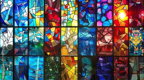 Intricate Stained Glass Panel: An Array of Vibrant Colors and Abstract Designs Illuminating Artistry