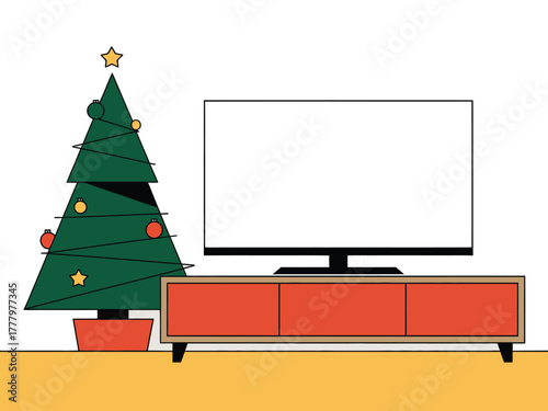A modern flat-screen television sits on a minimalist cabinet next to a decorated Christmas tree.